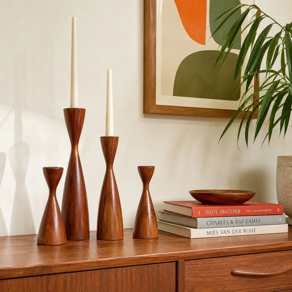 Vintage MCM Rude Osolnik Walnut Hourglass Candlesticks Graduated Set of 4 Modern